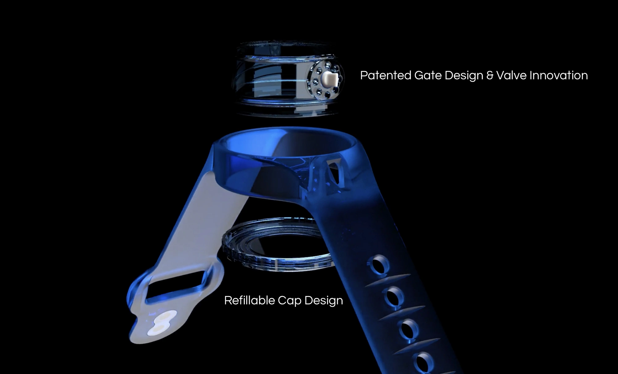 Exploded view of the WearSpray reservoir, valve and refillable cap mechanism