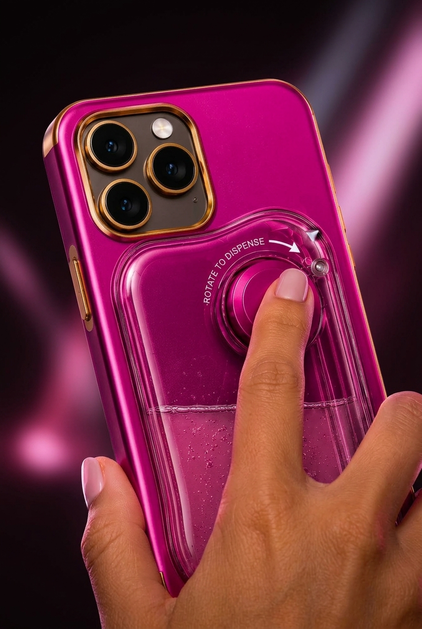 A hand pressing the dispense button on the back of a WearSpray phone reservoir